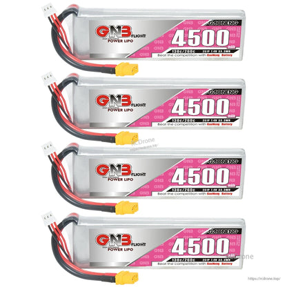 Four GAONENG 4500mAh LiPo batteries stacked, GN3 label side with XT60 connectors visible