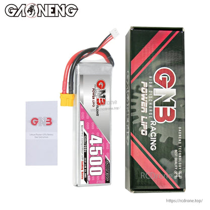 Package contents: GAONENG 4500mAh LiPo battery, GN3 Racing box, and user instruction leaflet