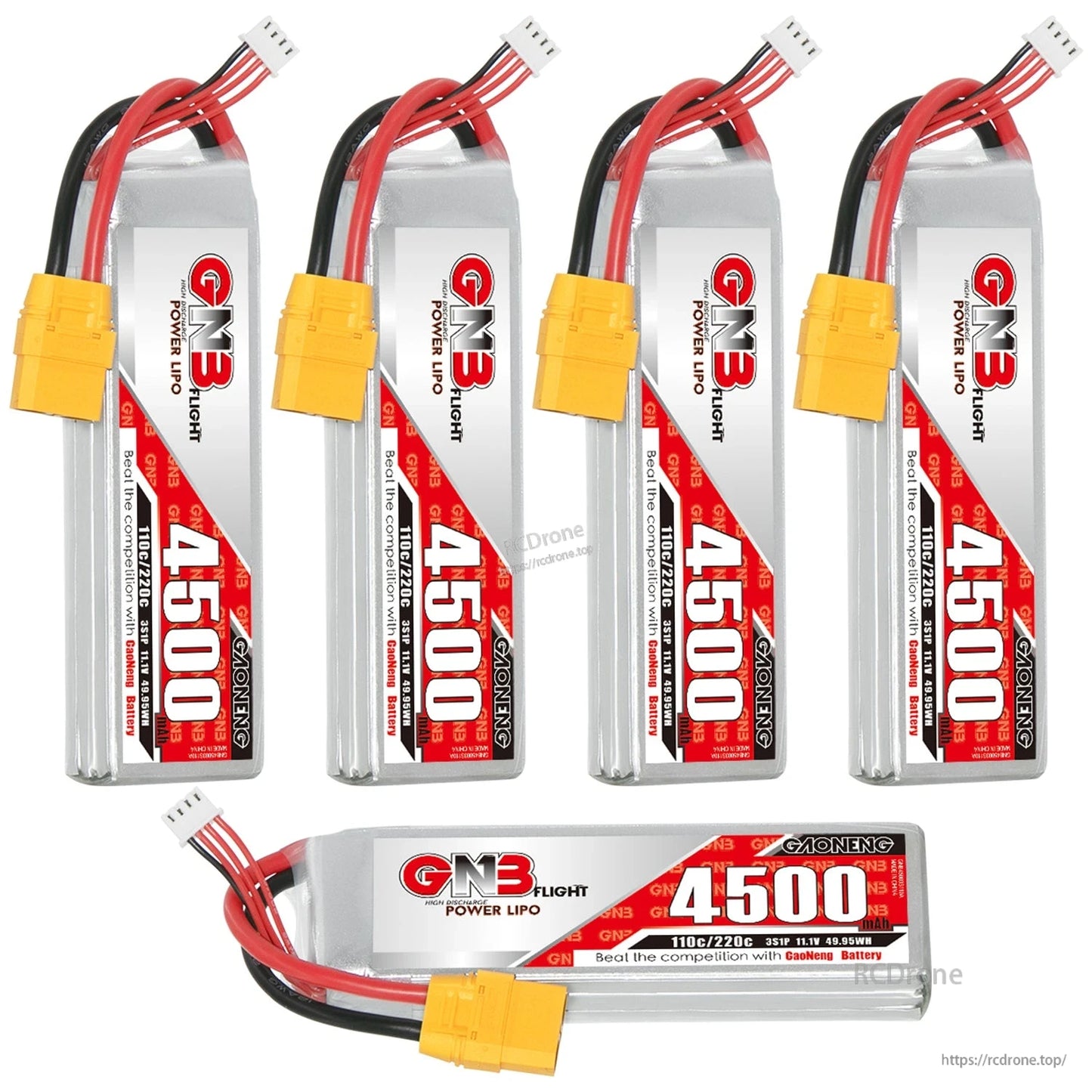 Bundle display with four upright GAONENG GNB 4500 packs plus one horizontal pack showing label side