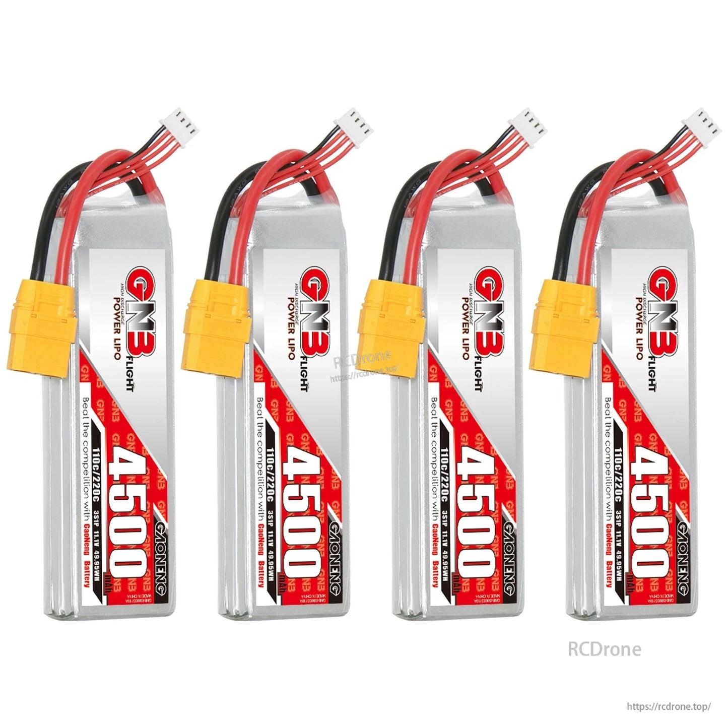 Four GAONENG GNB 4500 LiPo battery packs lineup with XT90 connectors and balance leads visible