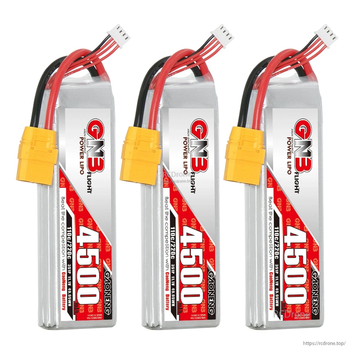 Three GAONENG GNB 4500 LiPo battery packs lineup showing labels, XT90 connectors, and balance plugs