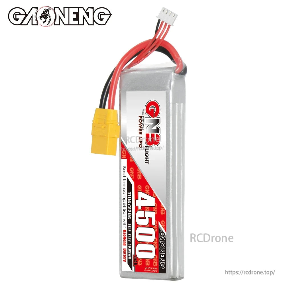 Upright front label view of GAONENG GNB 4500 LiPo showing wiring exit and XT90 connector