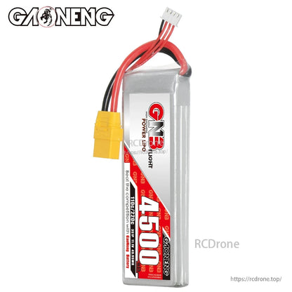Upright front label view of GAONENG GNB 4500 LiPo showing wiring exit and XT90 connector