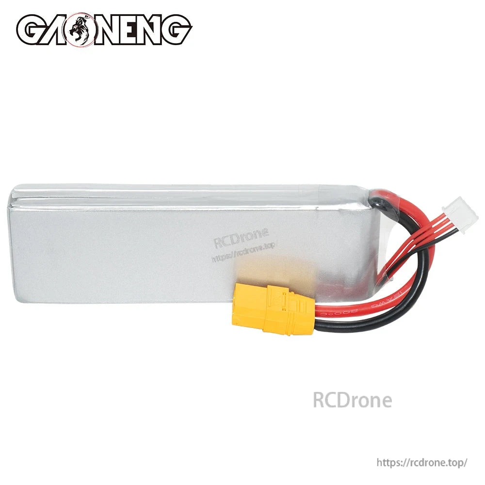 Rear plain side of LiPo pack showing silver wrap, XT90 connector, and balance lead at one end
