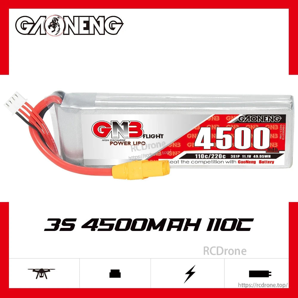 GAONENG GNB45003S110A LiPo battery side profile with printed specs: 3S 4500mAh 110C