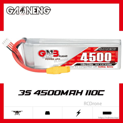 GAONENG GNB45003S110A LiPo battery side profile with printed specs: 3S 4500mAh 110C