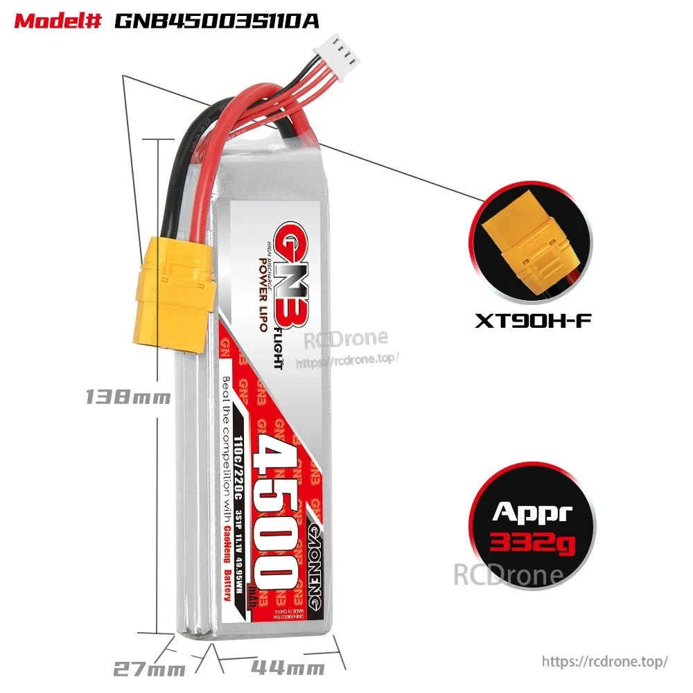 Battery size and weight graphic for GNB45003S110A, 138×44×27mm, approx 332g, XT90H-F plug