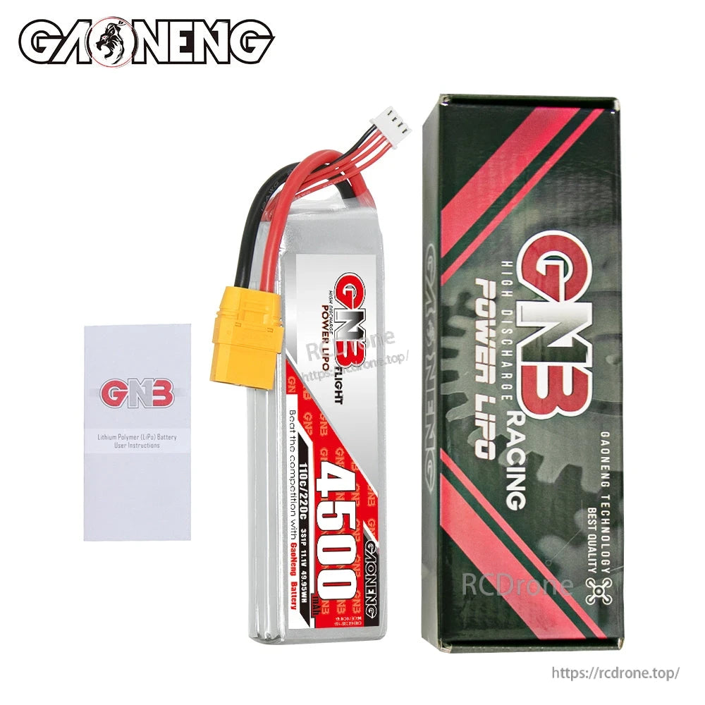 Package contents: GAONENG GNB 4500 LiPo battery, retail box, and small instruction leaflet