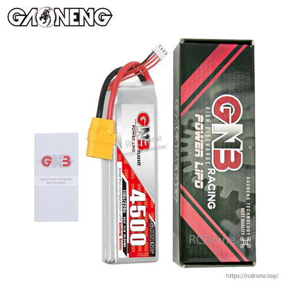 Package contents: GAONENG GNB 4500 LiPo battery, retail box, and small instruction leaflet