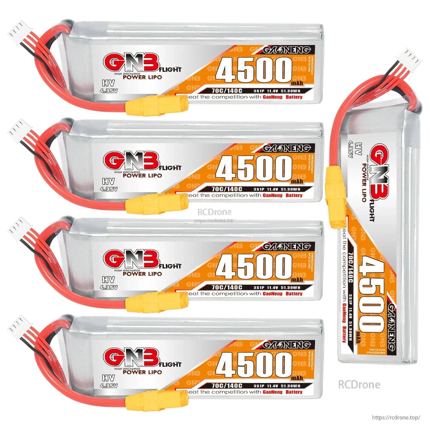 Four GNB 4500 LiHV batteries plus one upright unit shown, highlighting side label and XT90 plug
