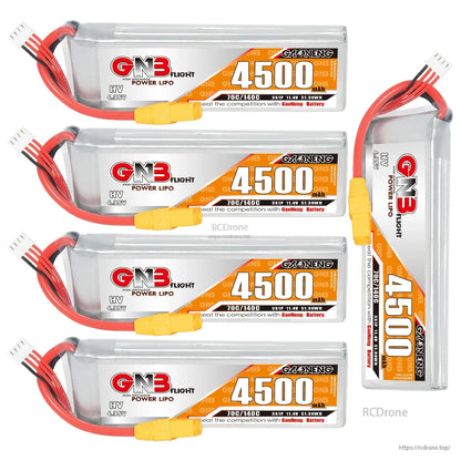 Four GNB 4500 LiHV batteries plus one upright unit shown, highlighting side label and XT90 plug
