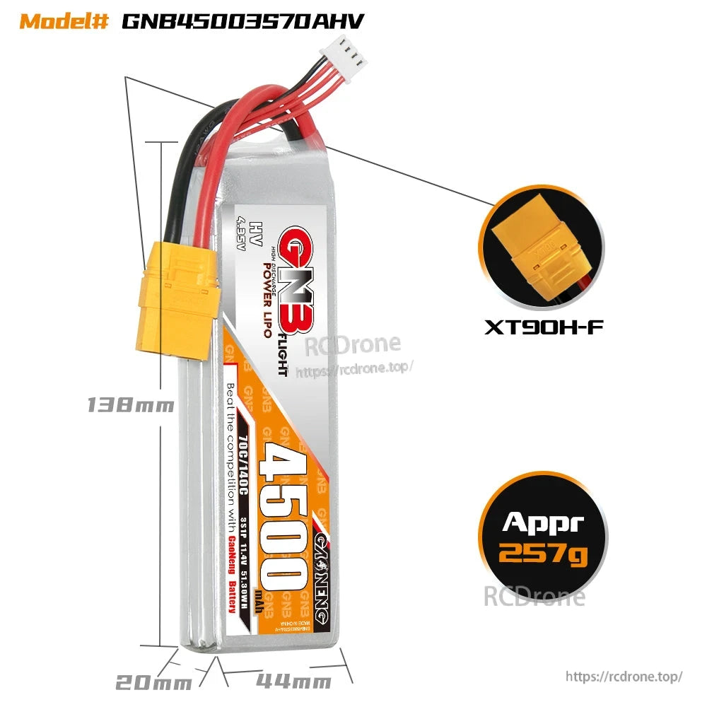 GNB45003S70AHV battery dimensions graphic with XT90H-F plug callout and approx. 257g weight