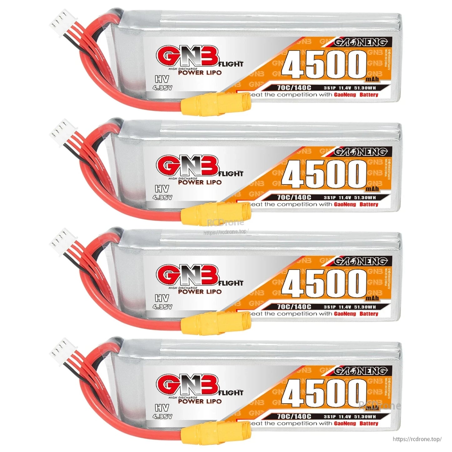 Four GNB 4500 LiHV 3S batteries shown stacked with labels facing forward