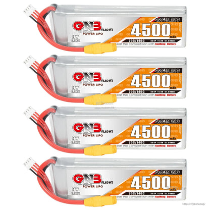 Four GNB 4500 LiHV 3S batteries shown stacked with labels facing forward