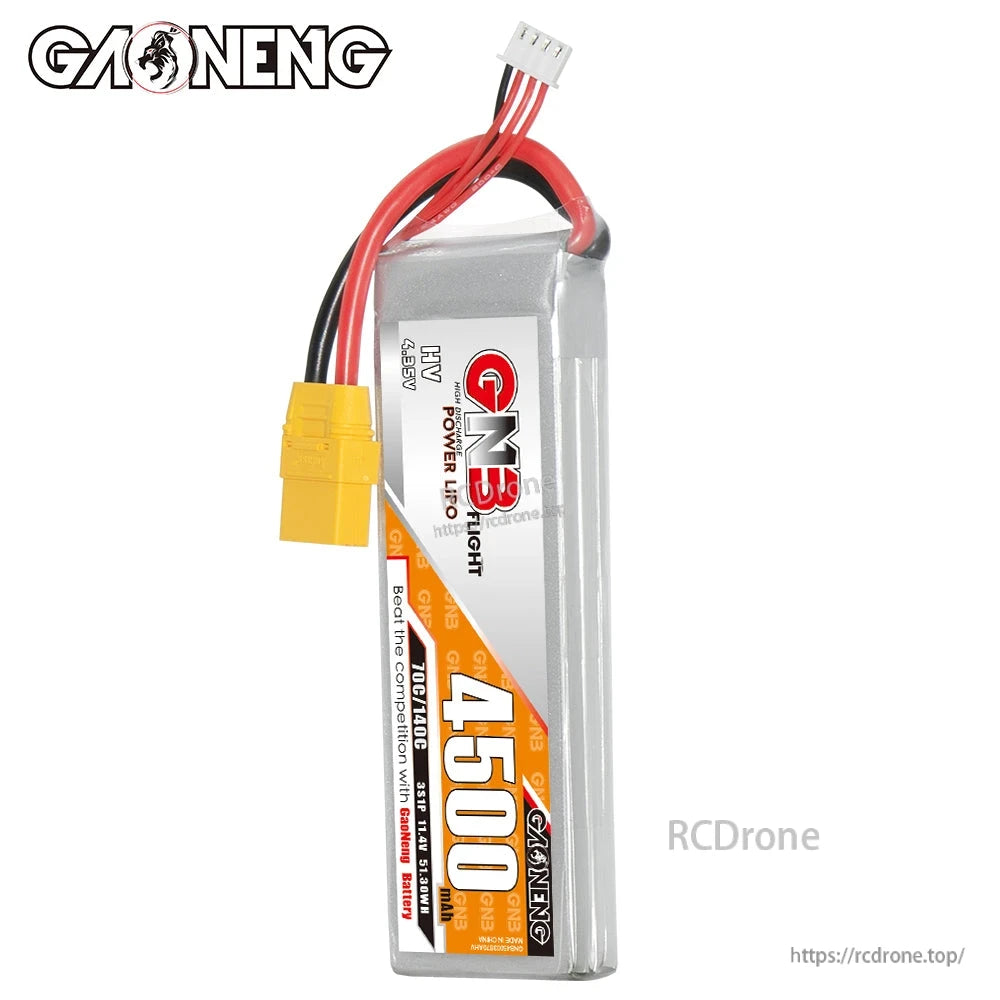 Vertical side view of GNB 4500mAh LiHV battery showing label and wire exit