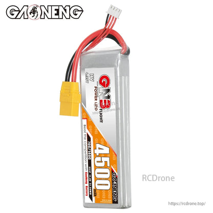 Vertical side view of GNB 4500mAh LiHV battery showing label and wire exit