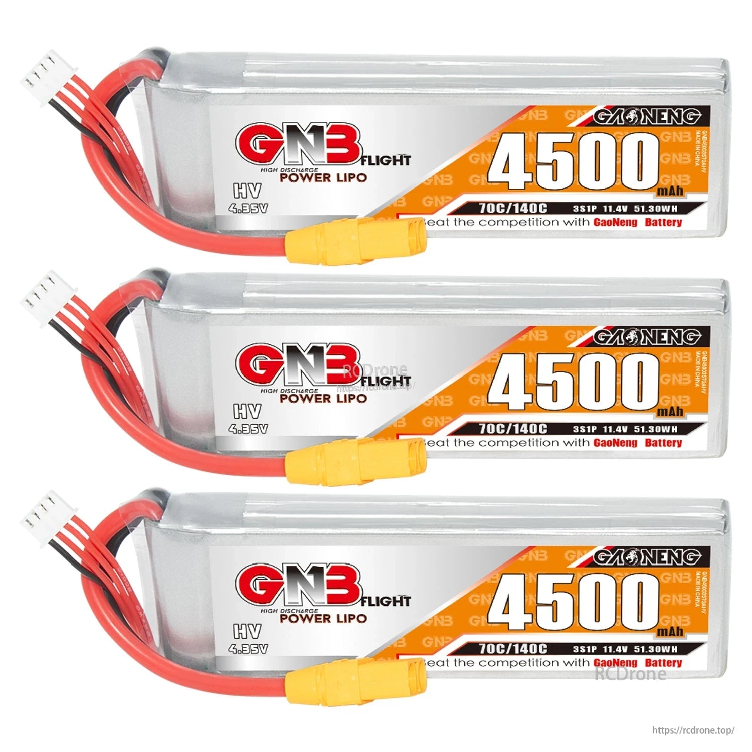 Three GNB 4500 LiHV 3S batteries shown stacked, each with XT90 connector