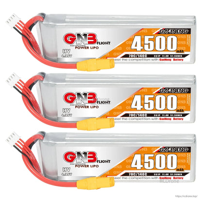 Three GNB 4500 LiHV 3S batteries shown stacked, each with XT90 connector