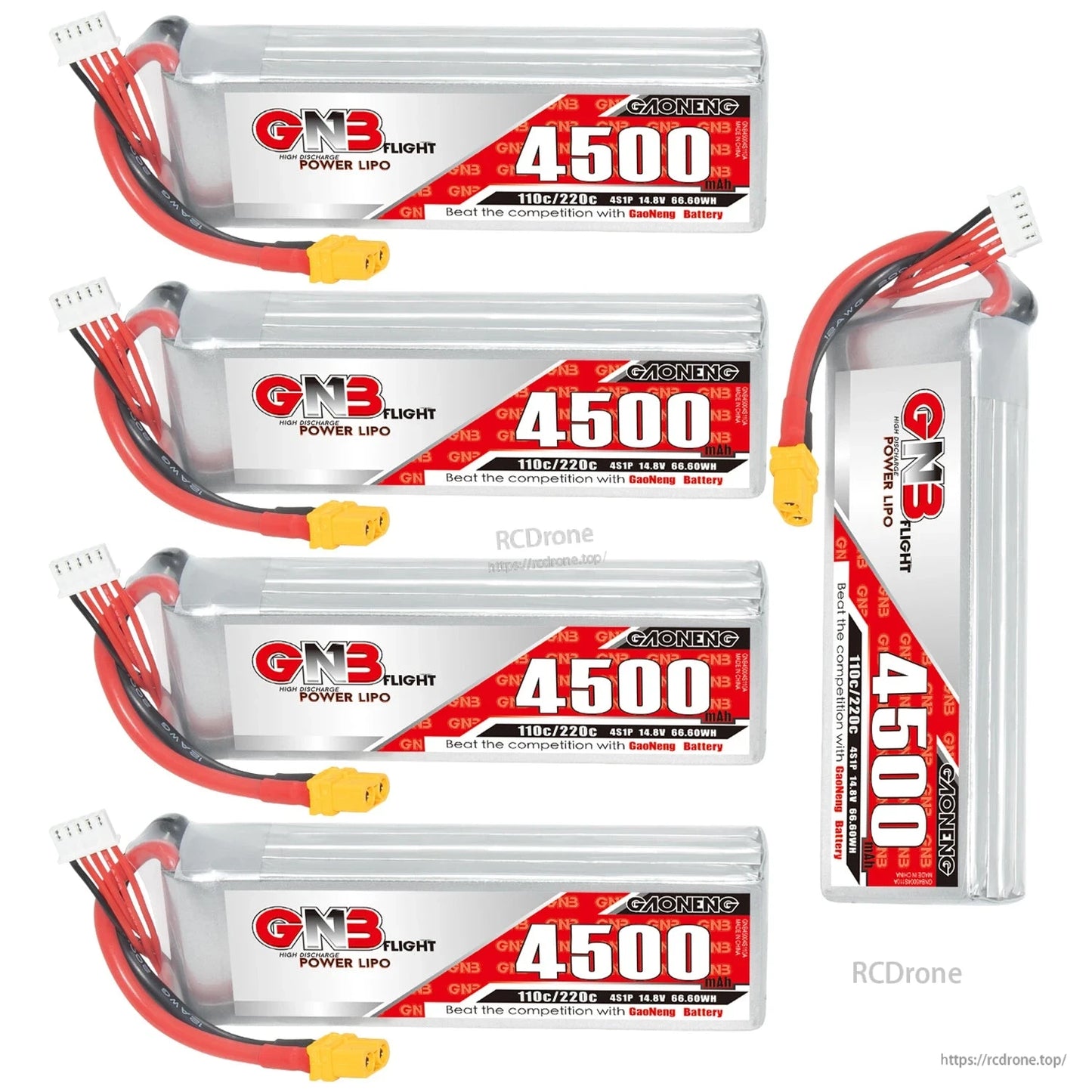 Set display with four horizontal GNB 4500mAh LiPo batteries plus one vertical side view