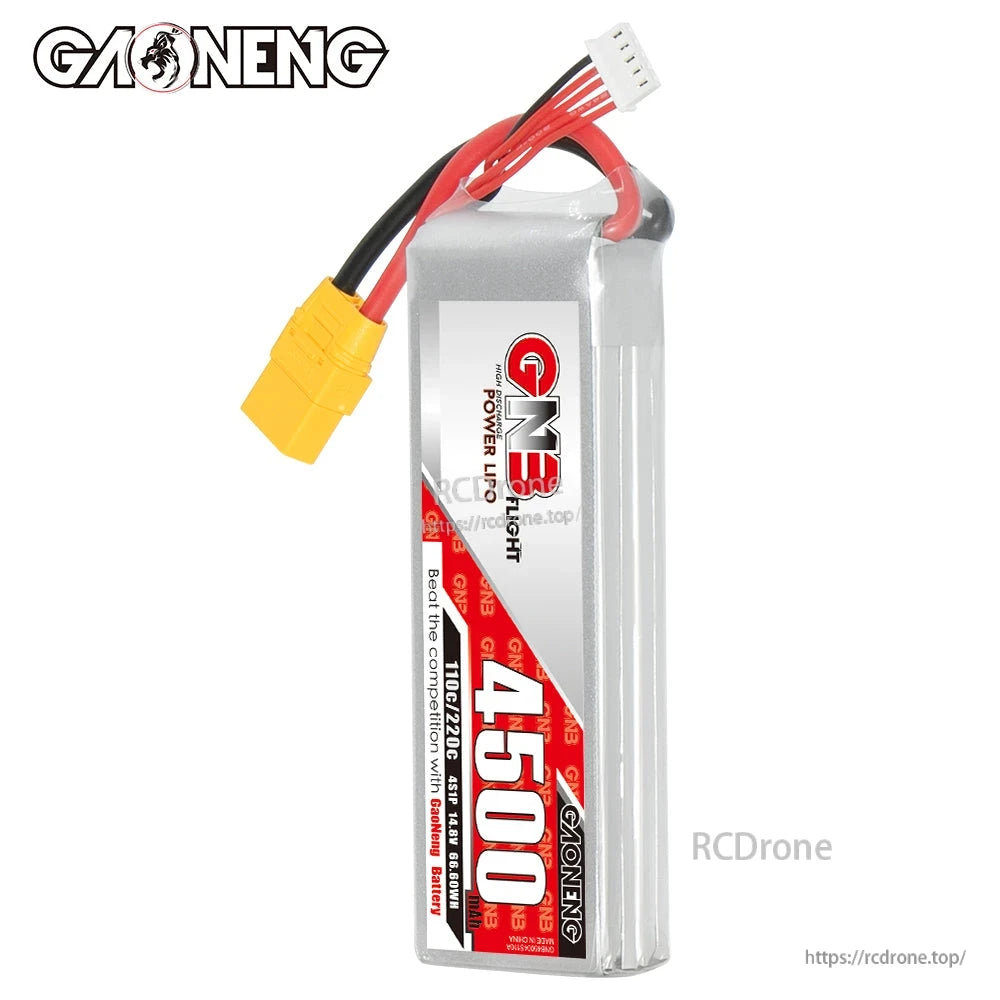 Side profile of GNB 4500 battery showing wire exit, XT90 plug, and vertical label orientation