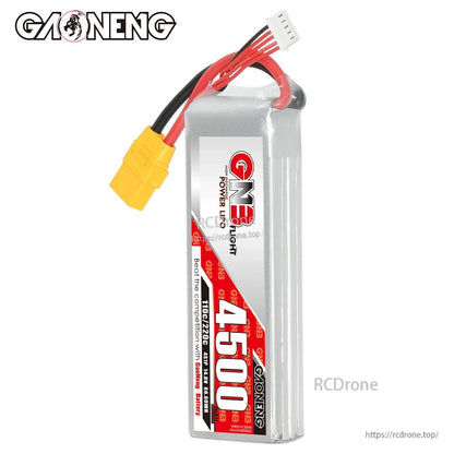 Side profile of GNB 4500 battery showing wire exit, XT90 plug, and vertical label orientation