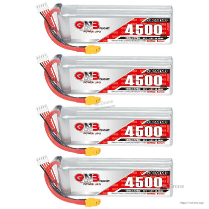Four GNB 4500mAh LiPo batteries stacked, showing labels, leads and XT60 connectors