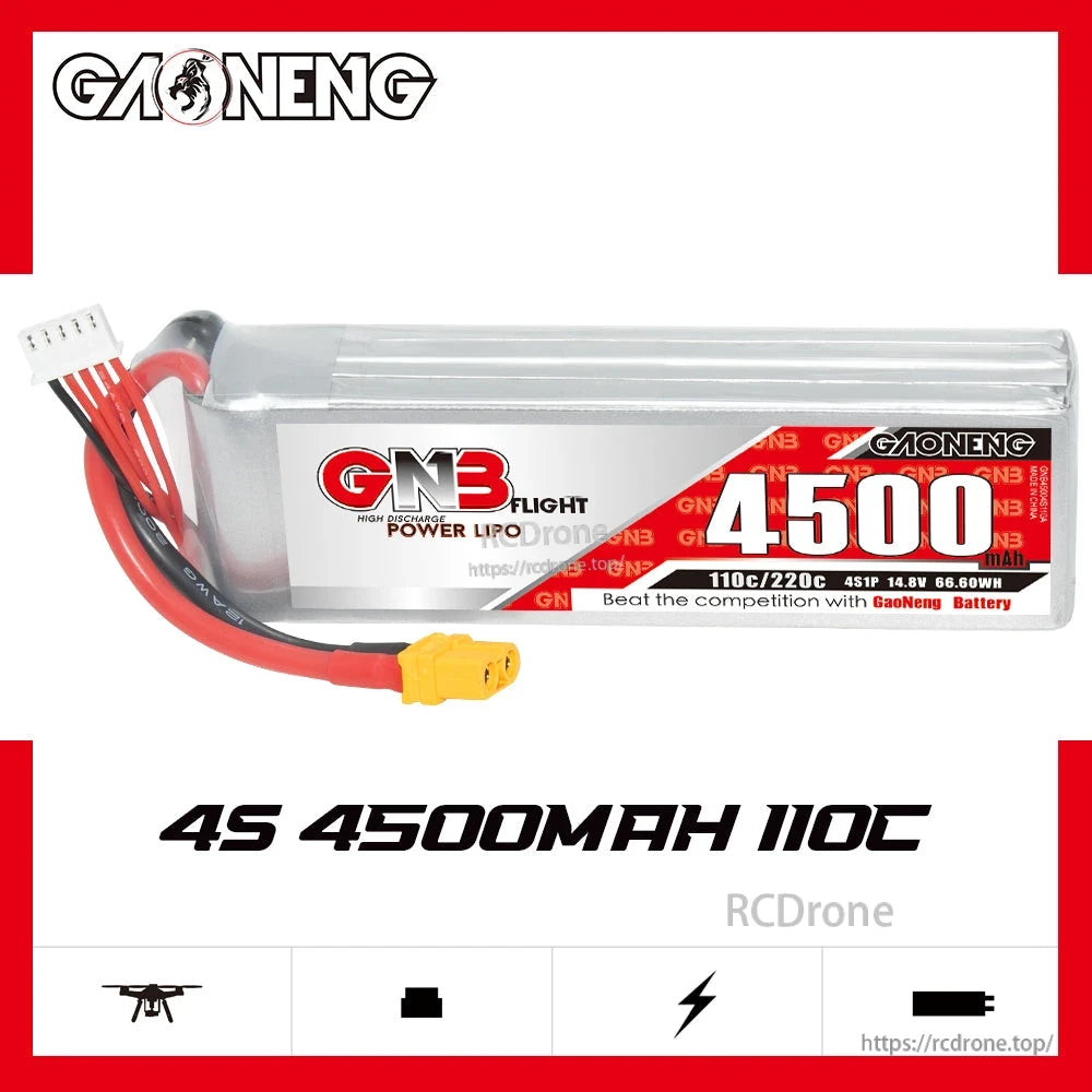 GNB 4S 4500mAh 110C LiPo battery product graphic showing side profile and label