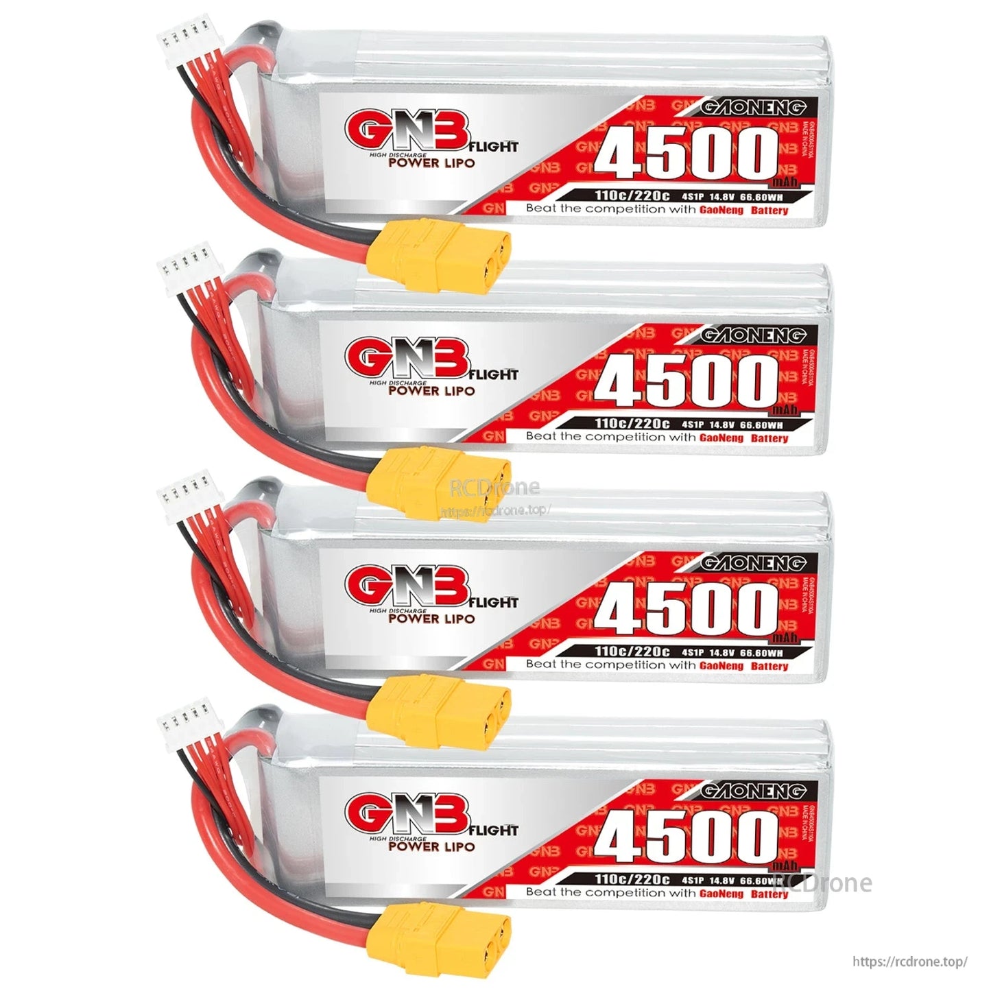 Four GNB 4500 LiPo batteries stacked with XT90 connectors and balance plugs aligned