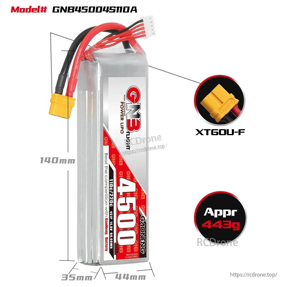 GNB45004S110A battery size chart 140×44×35mm with XT60U-F plug close-up and 443g weight