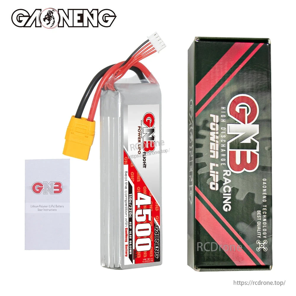 Package contents: GNB 4500 LiPo battery with branded retail box and small instruction leaflet