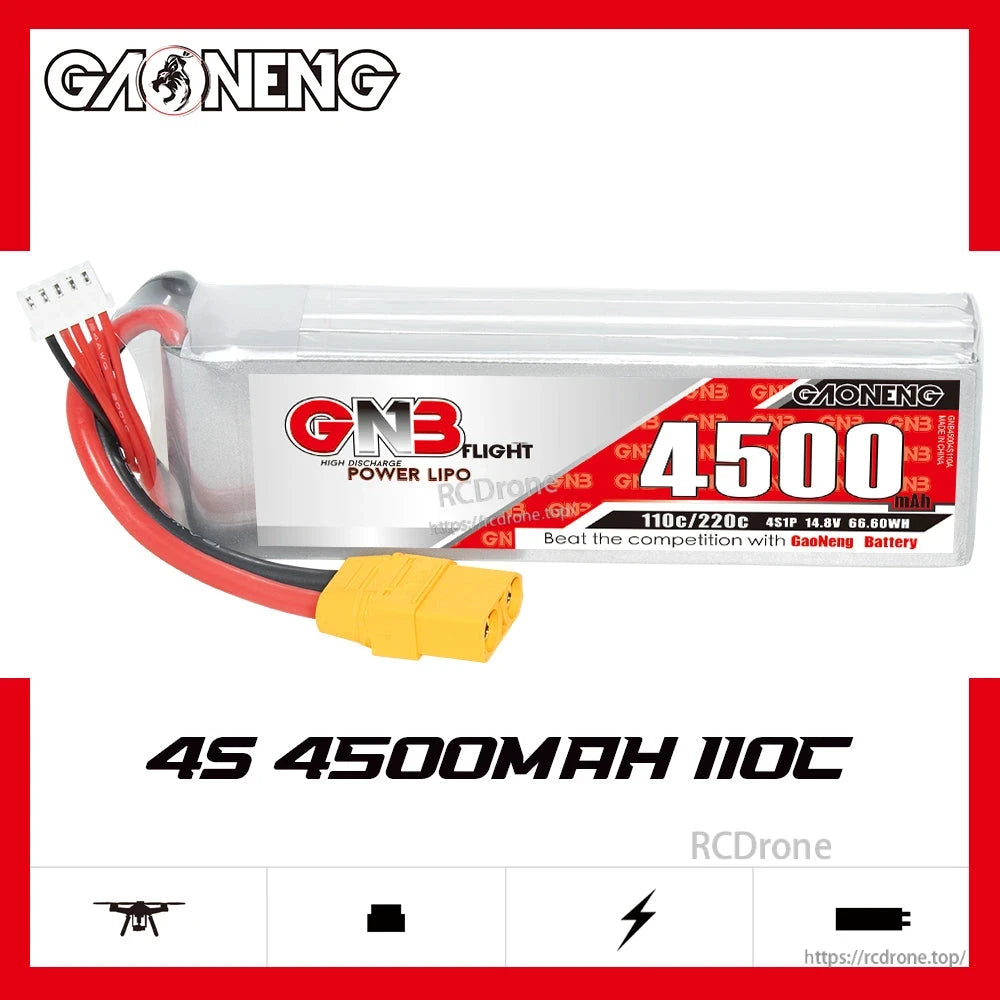 GNB 4S 4500mAh 110C LiPo battery banner graphic with product photo and capacity text