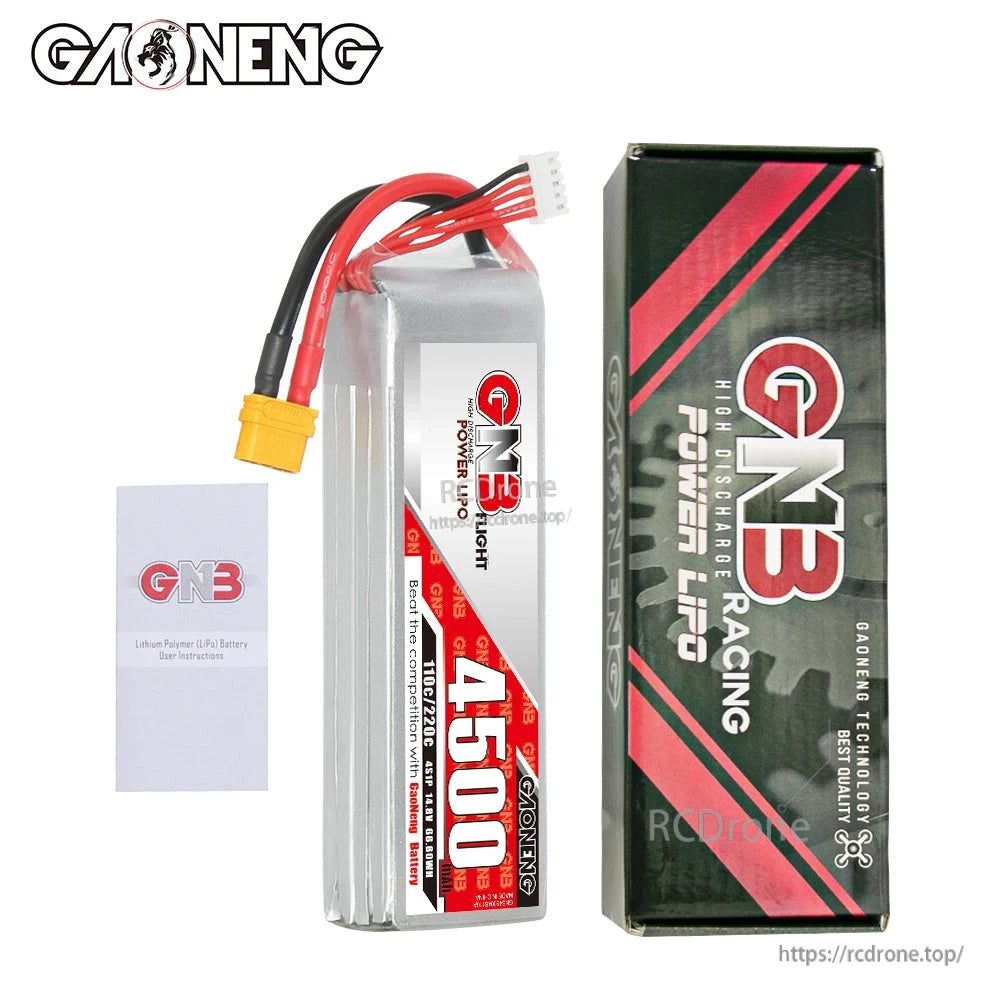 Package contents: GNB 4500mAh LiPo battery, GNB Racing box, and instruction card