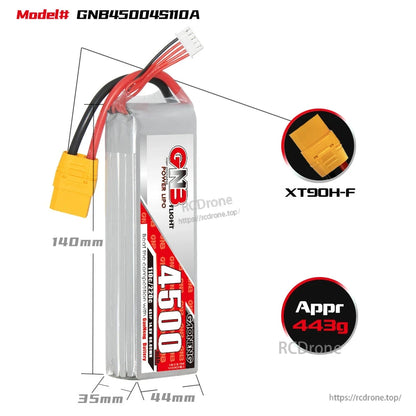GNB45004S110A size and weight diagram, 140×44×35mm, approx 443g, XT90H-F connector callout