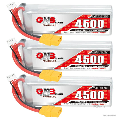 Three GNB 4500 LiPo batteries stacked, each with XT90 connector and balance lead visible