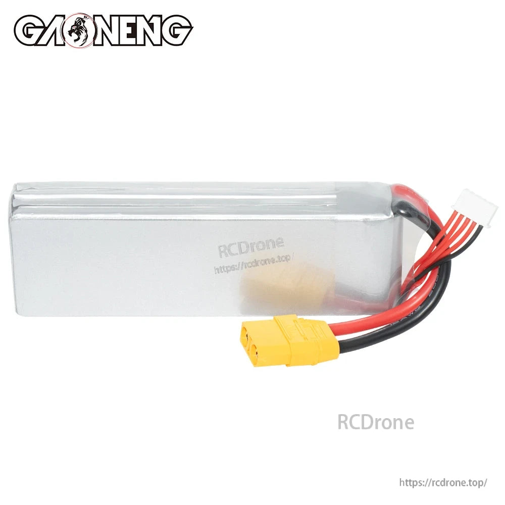 Plain back side of LiPo pack showing silver shrink wrap and XT90 lead without label visible
