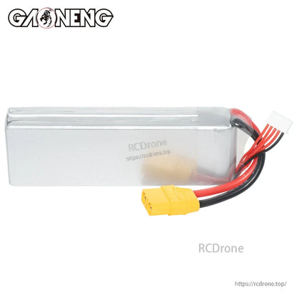 Plain back side of LiPo pack showing silver shrink wrap and XT90 lead without label visible