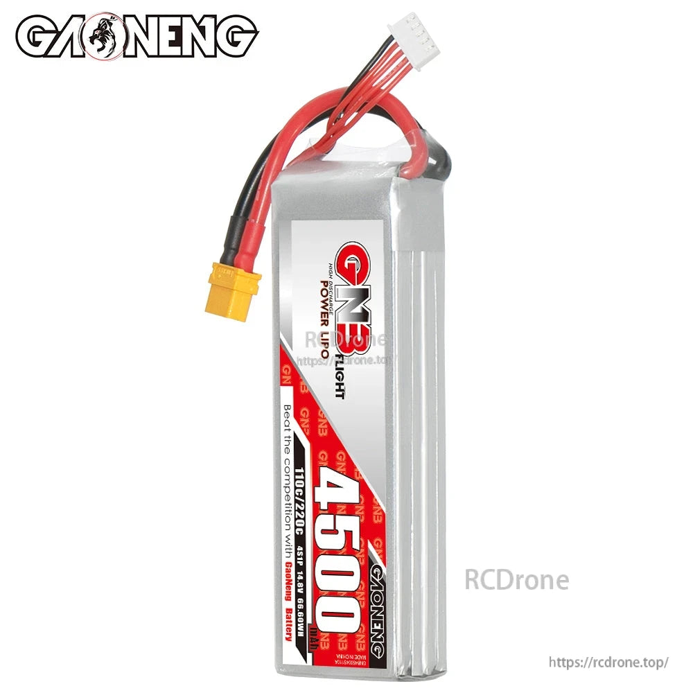 Side standing view of GNB 4500mAh LiPo battery with wires, XT60 connector and balance lead