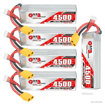 Four GAONENG GNB 4500 LiPo batteries plus one standing pack showing side label and cables