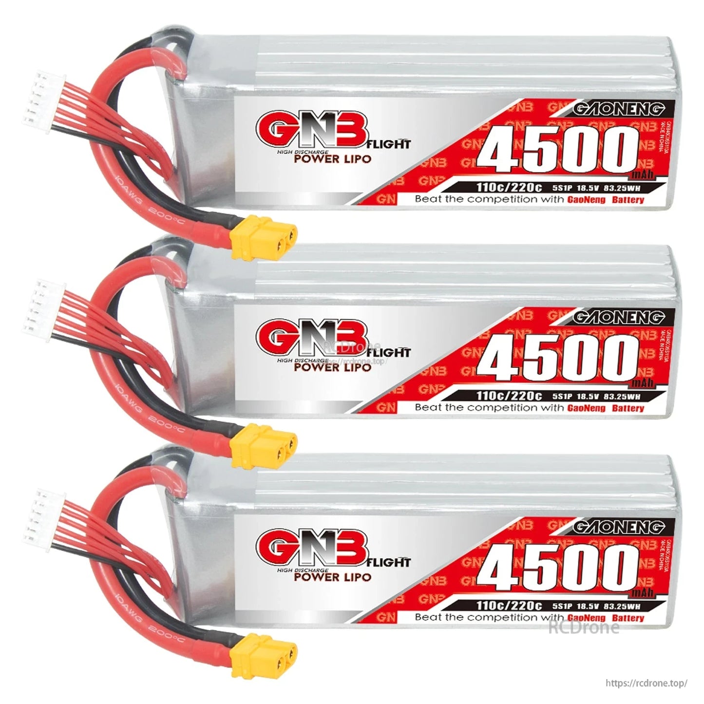 Three GAONENG GNB 4500mAh LiPo batteries lined up, each with XT60 connector and balance lead