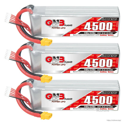 Three GAONENG GNB 4500mAh LiPo batteries lined up, each with XT60 connector and balance lead
