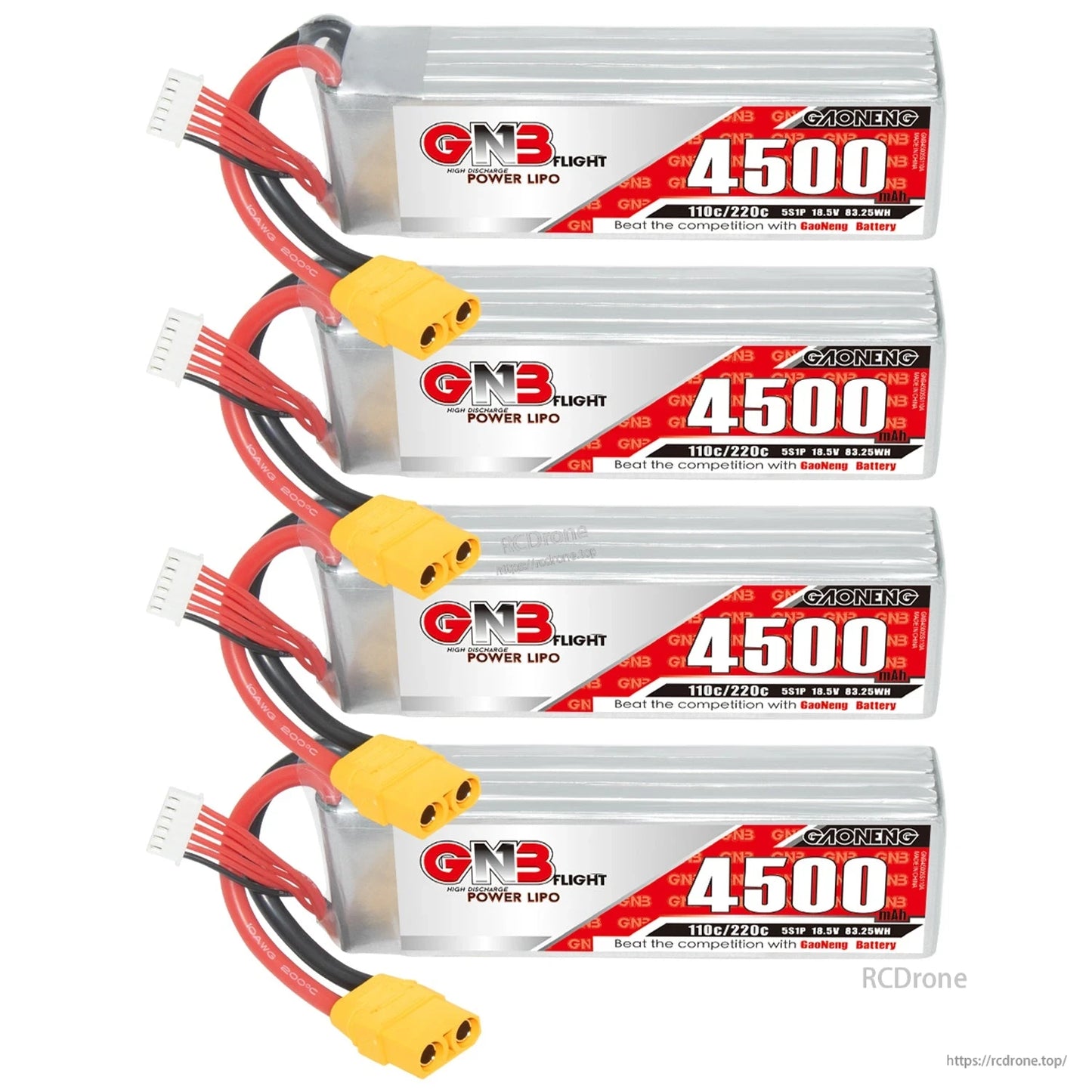 Four GAONENG GNB 4500 LiPo batteries stacked with yellow XT90 connectors and balance leads