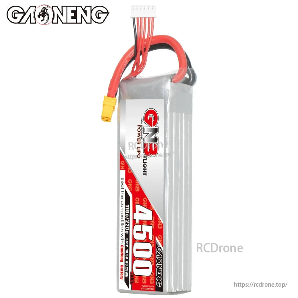 Upright view of GAONENG GNB 4500mAh LiPo pack with red/black power lead and white balance plug