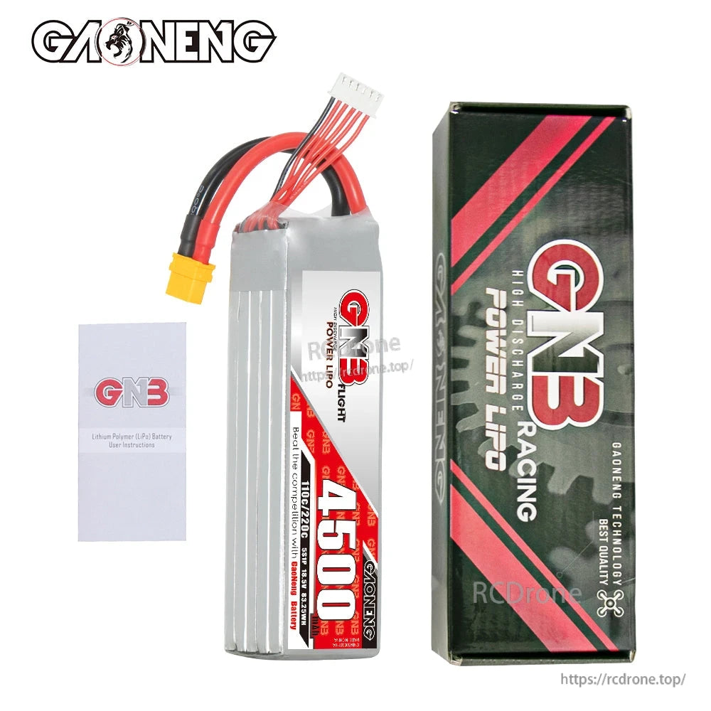 Package contents: GAONENG GNB 4500mAh LiPo battery, retail box, and user manual booklet