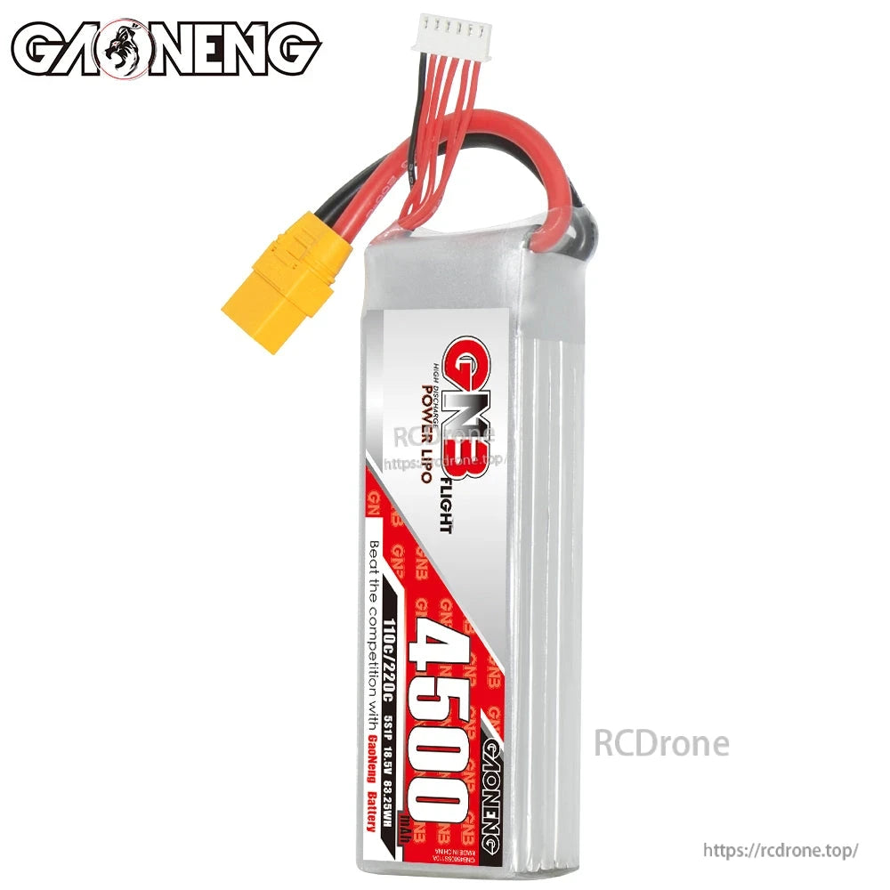Upright front view of GNB 4500 label on GAONENG LiPo pack with XT90 cable and balance lead
