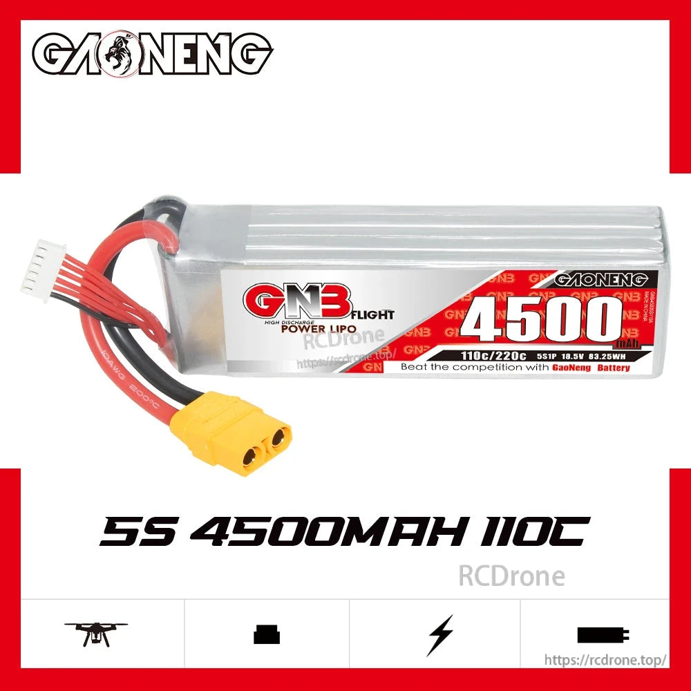 GAONENG GNB45005S110A battery spec graphic showing 5S 4500mAh 110C on white background