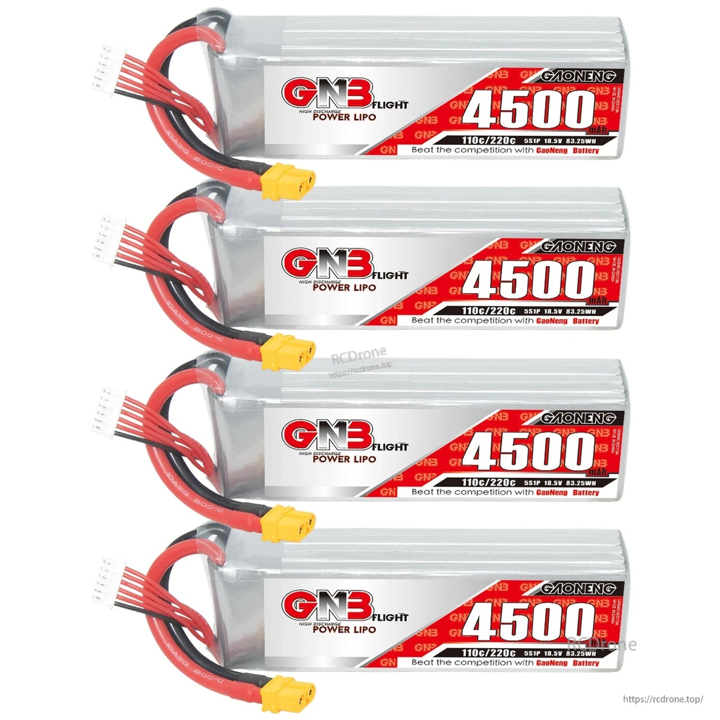 Four GAONENG GNB 4500mAh LiPo batteries displayed in a stack with XT60 plugs and balance leads