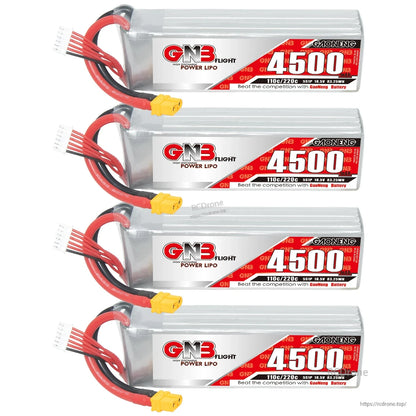 Four GAONENG GNB 4500mAh LiPo batteries displayed in a stack with XT60 plugs and balance leads