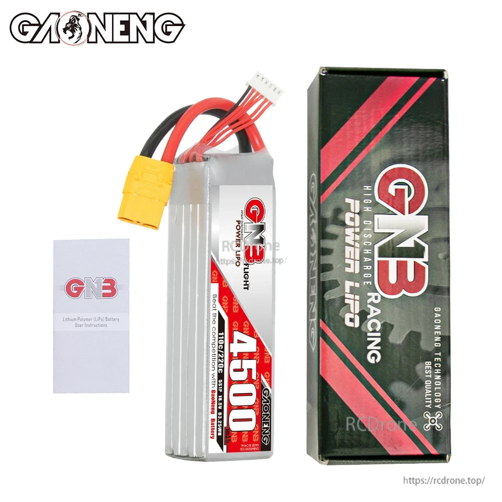 Package contents: GAONENG GNB 4500 LiPo battery, retail box, and small instruction booklet