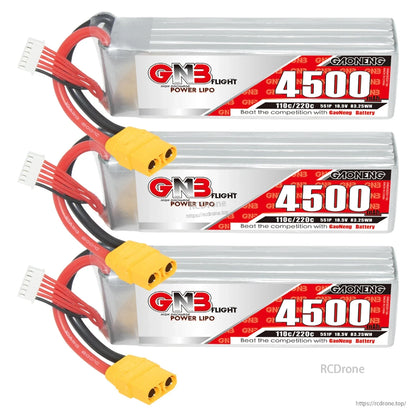 Three GAONENG GNB 4500 LiPo batteries stacked, each with XT90 connector and balance plug