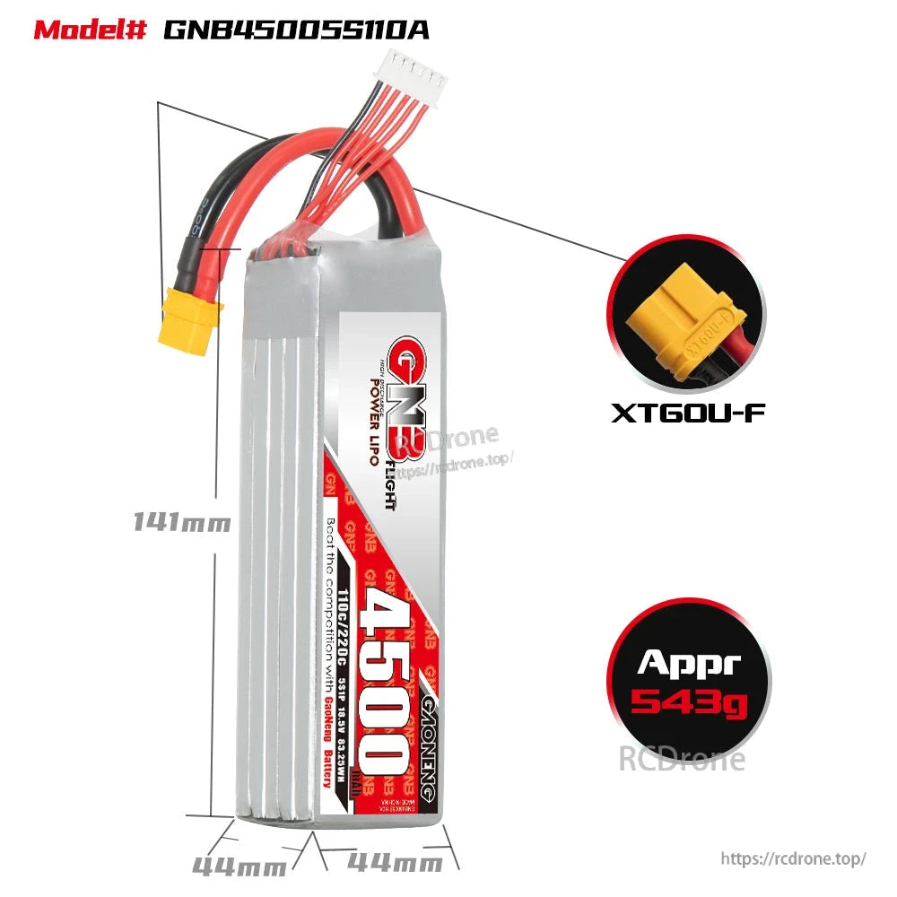 Battery size diagram 141×44×44mm with XT60U-F connector close-up and approx. 543g weight